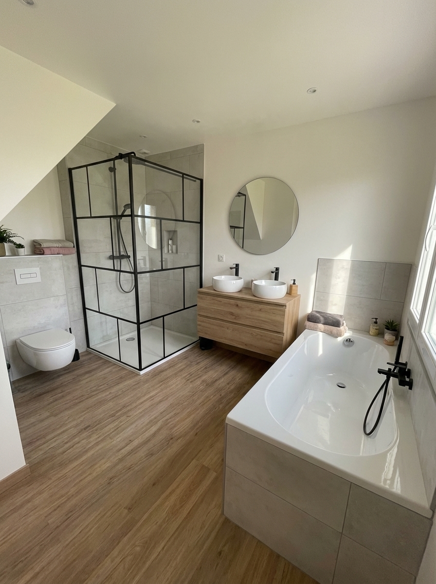 Rénovation salle de bain Hautes-Pyrénées - baignoire îlot, douche verrière noire, double vasque