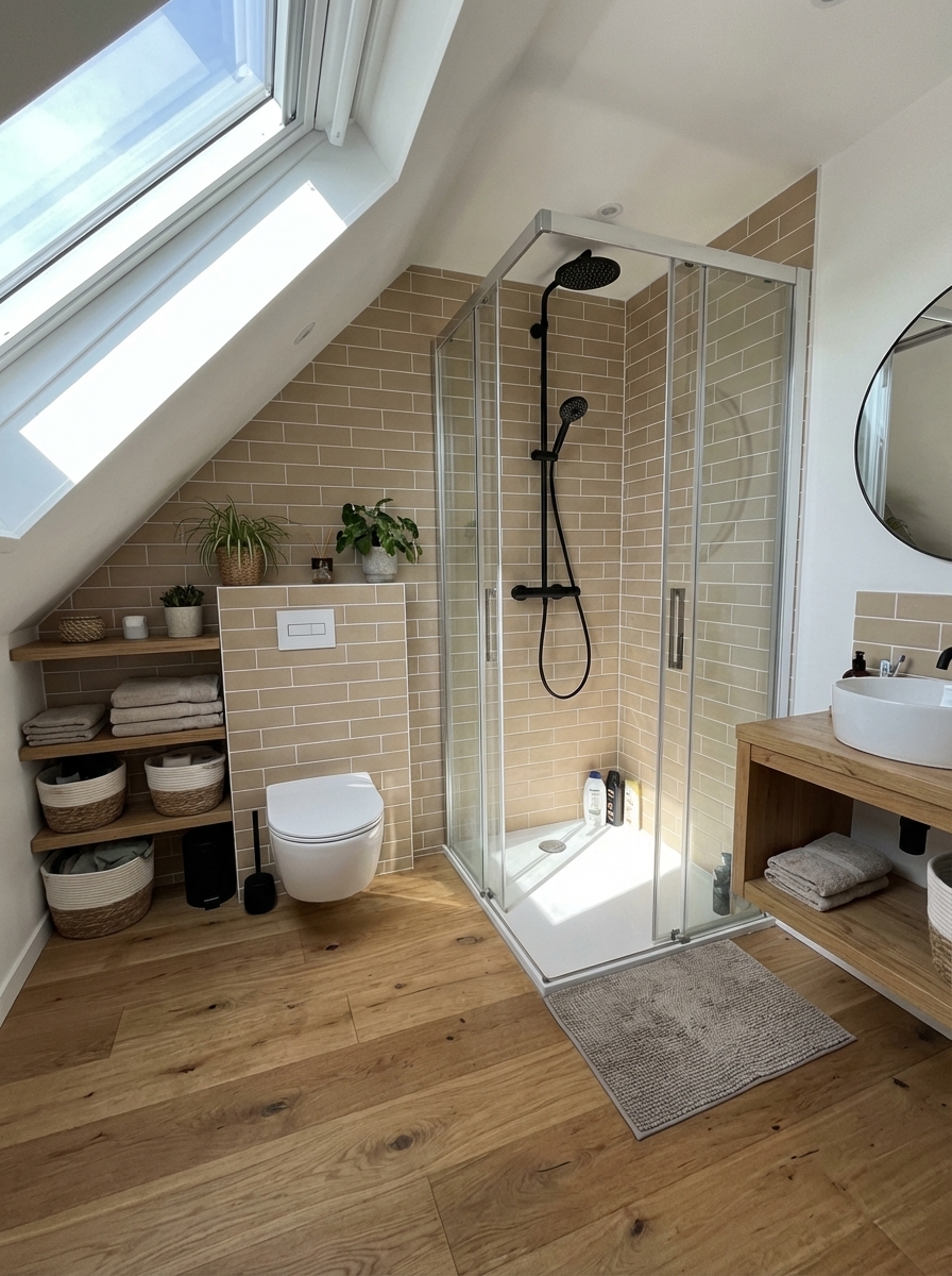 Rénovation salle de bain sous combles Tarbes - carrelage métro beige, parquet, douche italienne